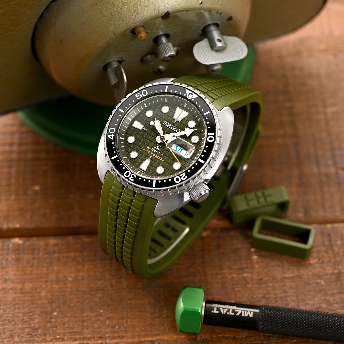 CB12 Military Green Curved End Rubber Strap compatible with Seiko new Turtles SRP777