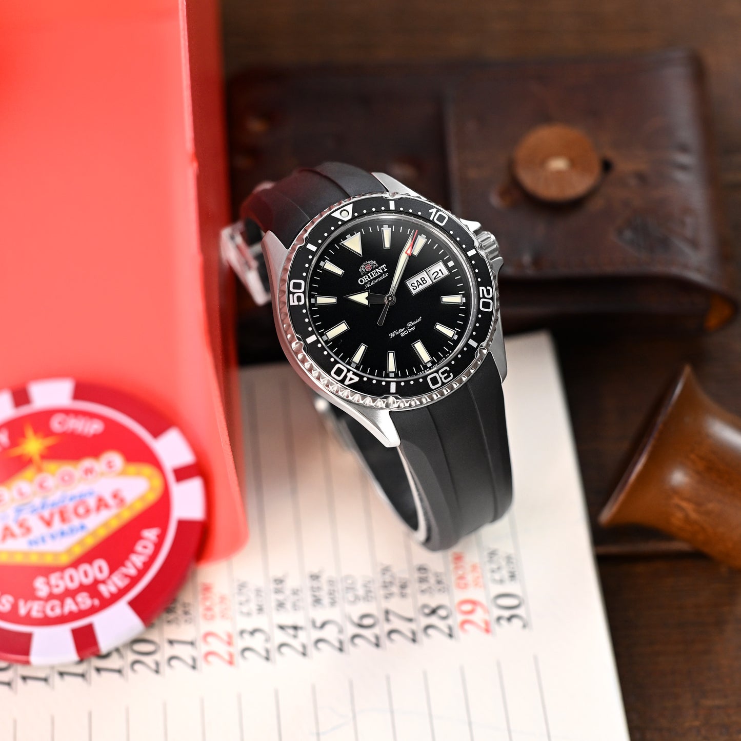 Q.R. Black Wheels FKM Watch Band for Orient Kamasu