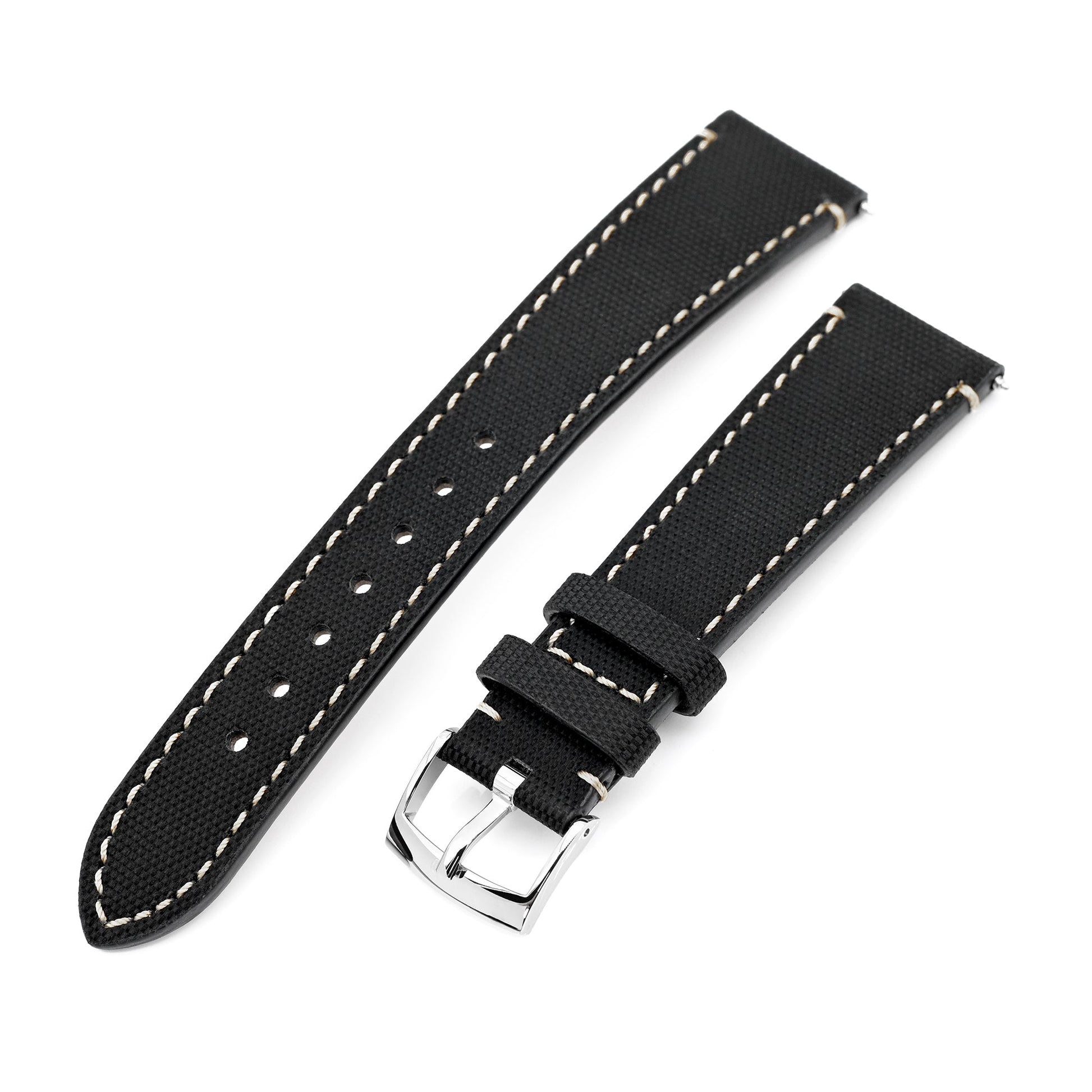 20mm Quick Release Black Woven Sailcloth Watch Band with Italian Leather Lining 