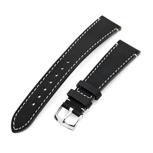 20mm Quick Release Black Woven Sailcloth Watch Band with Italian Leather Lining 