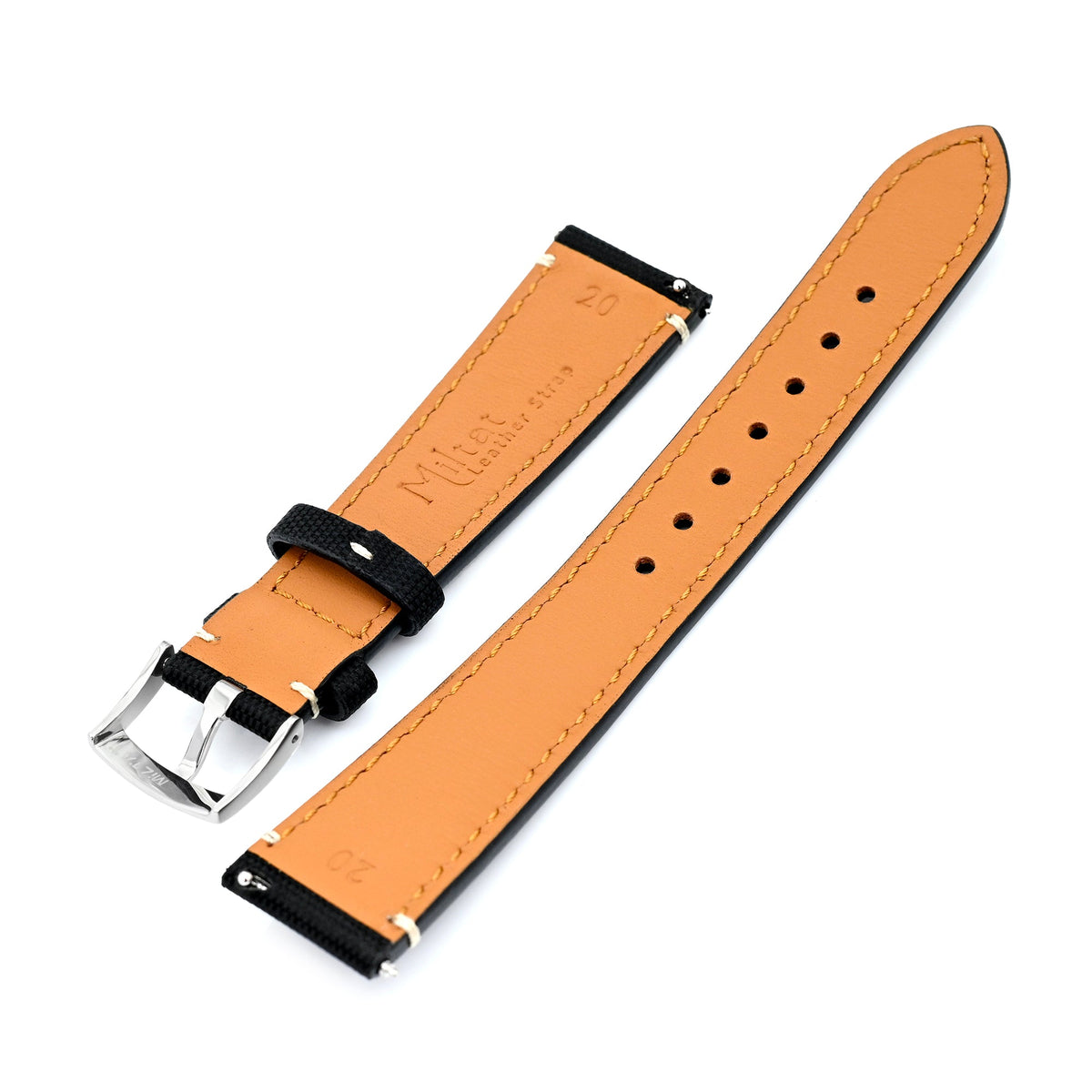 20mm Quick Release Black Woven Sailcloth Watch Band with Italian Leather Lining 