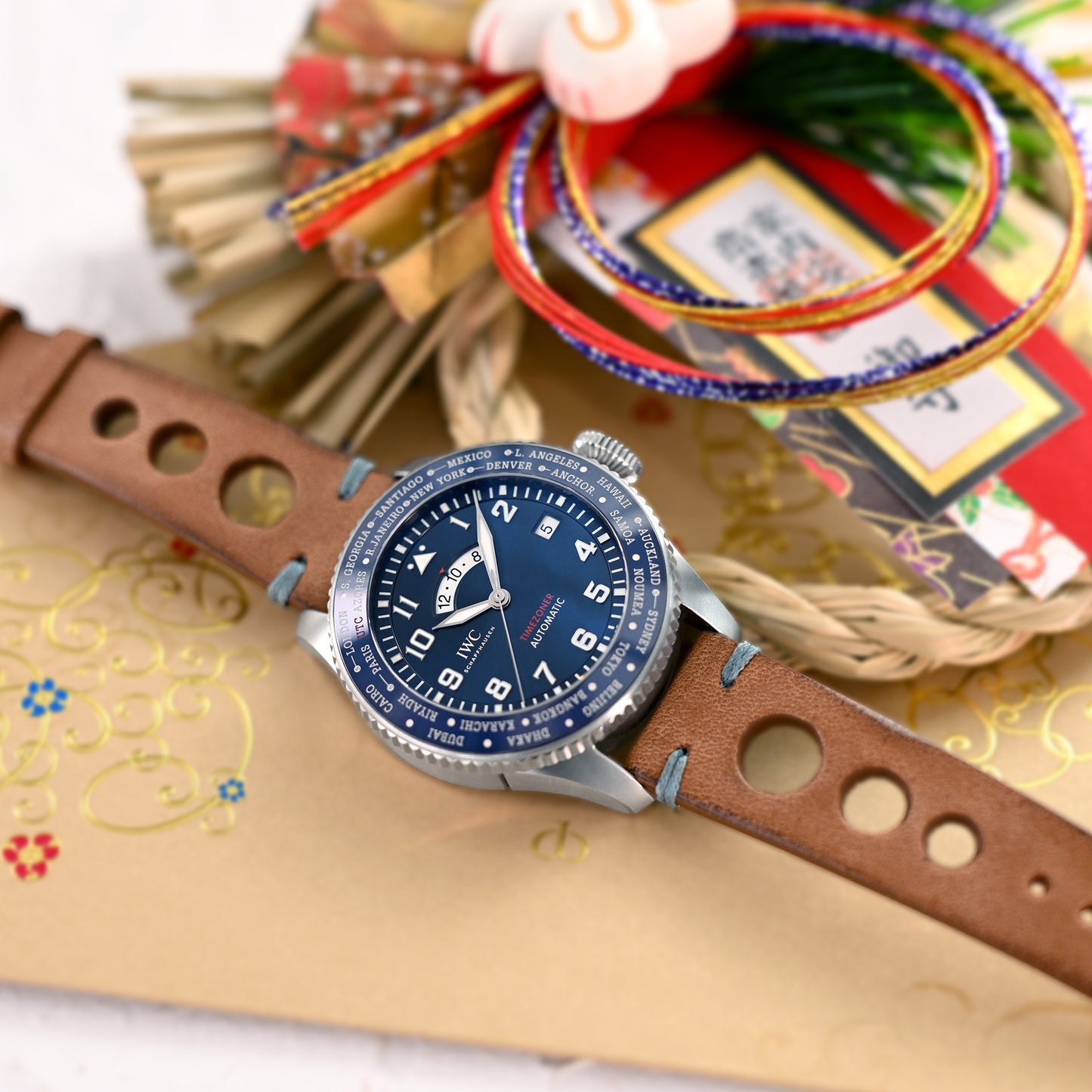 Q.R. 22mm Brown Leather Italian Handmade Racer strap, Blue St.