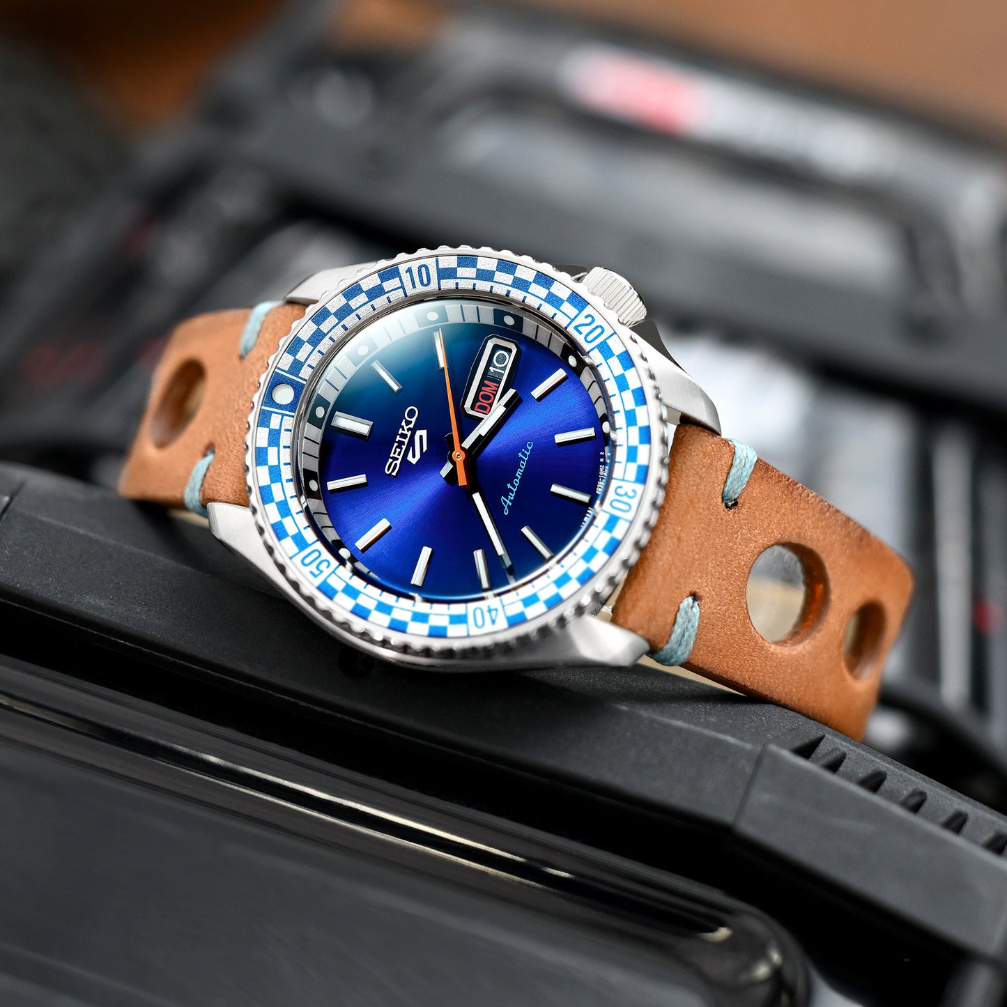 Q.R. 22mm Brown Leather Italian Handmade Racer strap, Blue St.