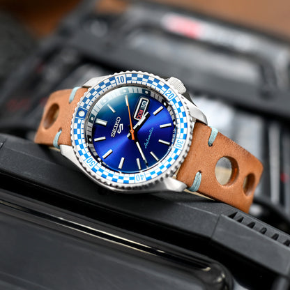 Q.R. 22mm Brown Leather Italian Handmade Racer strap, Blue St.