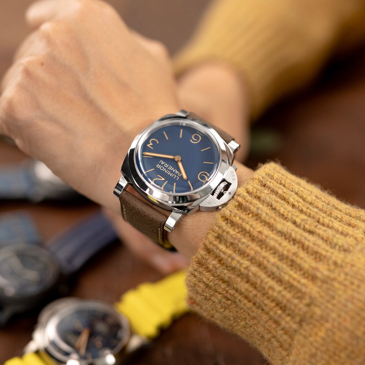 Pam Collection, Dark Brown Italian Leather Watch Strap for Panerai, Beige Stitch.