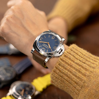 Pam Collection, Dark Brown Italian Leather Watch Strap for Panerai, Beige Stitch.