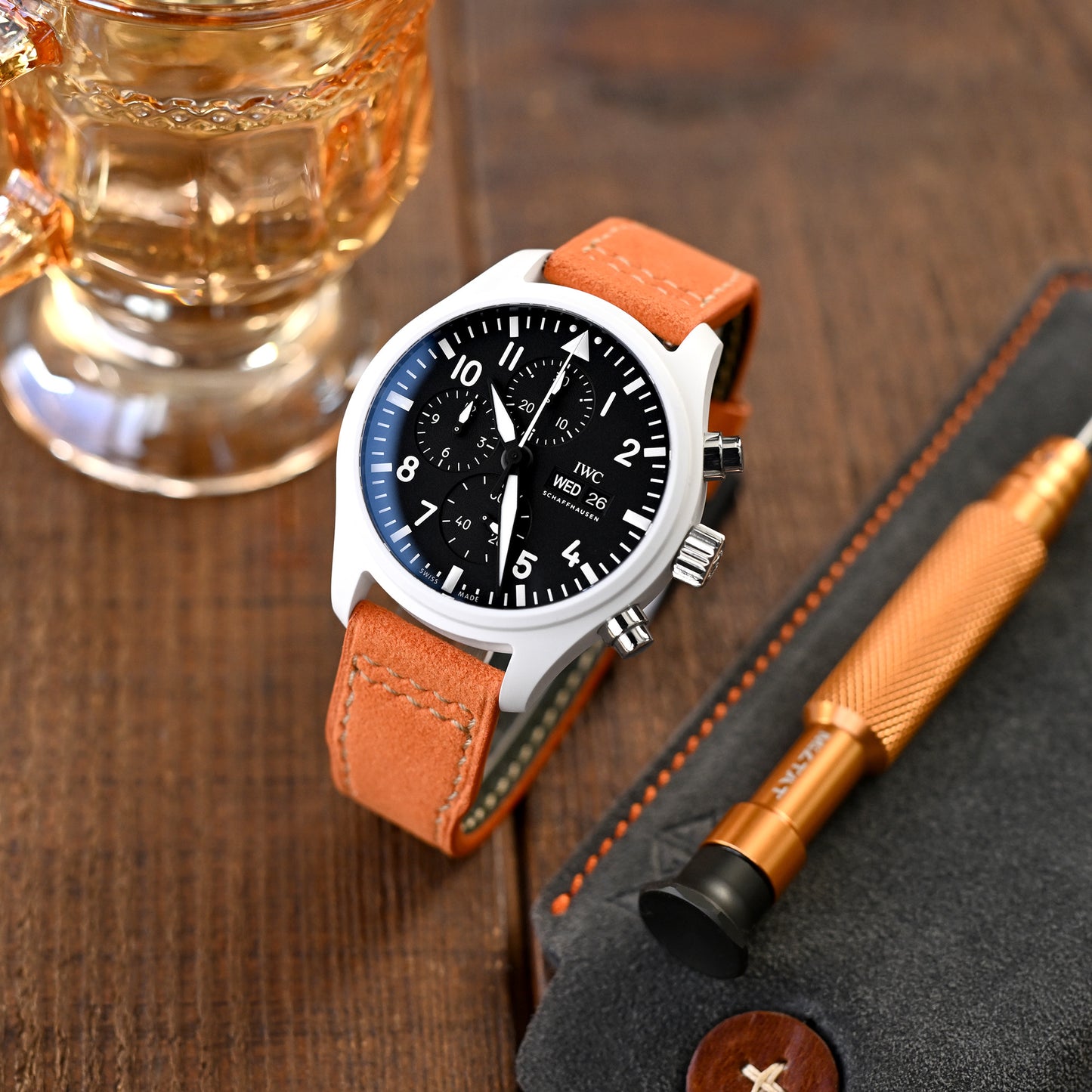 Orange Alcantara Fabric Quick Release Watch Band, Beige Stitch.