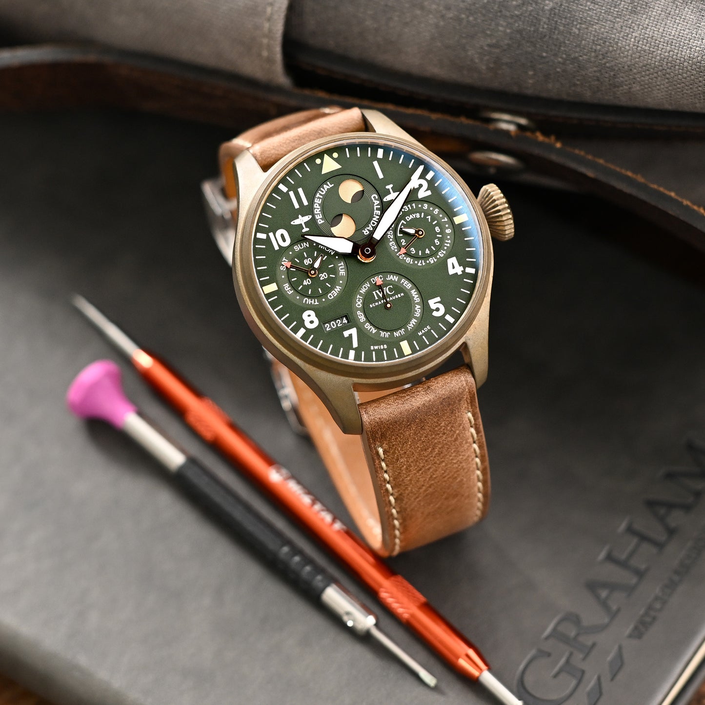 Pam Collection, Vintage Brown Horween Chromexcel Leather Watch Strap for Panerai, Beige Stitch.