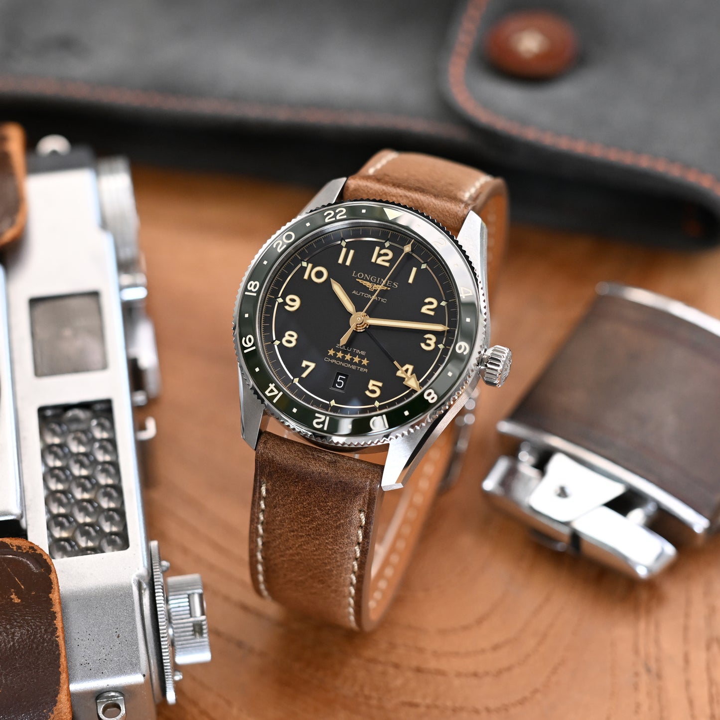 Pam Collection, Vintage Brown Horween Chromexcel Leather Watch Strap for Panerai, Beige Stitch.