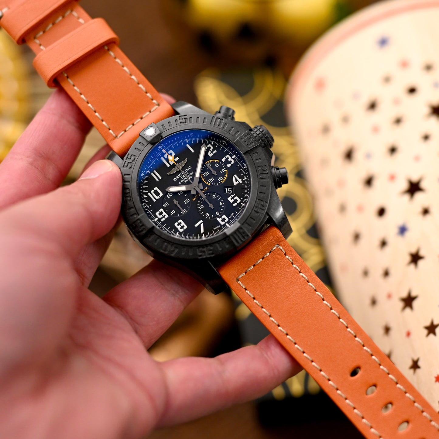 Pam Collection, Orange French Crafted Barenia Leather Strap for Panerai, Beige Stitch.
