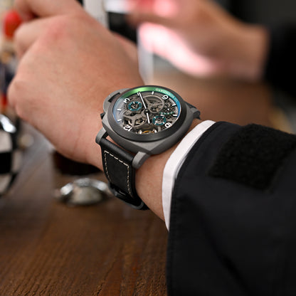 Pam Collection, Black French Crafted Barenia Leather Strap for Panerai, Beige Stitch.