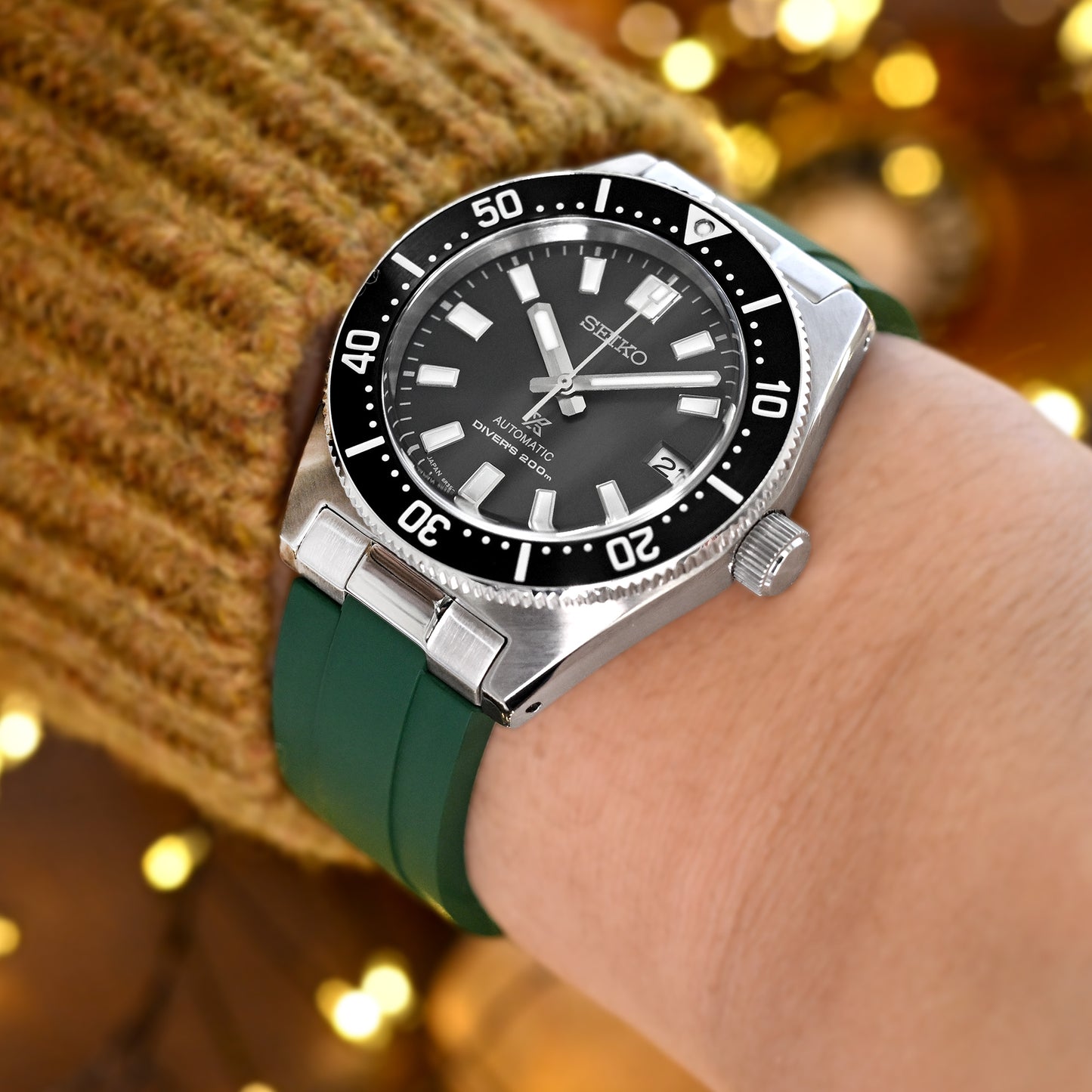MX03-143 Green FKM Rubber Strap With End Links compatible with Seiko 1965 Heritage Diver 40.50mm