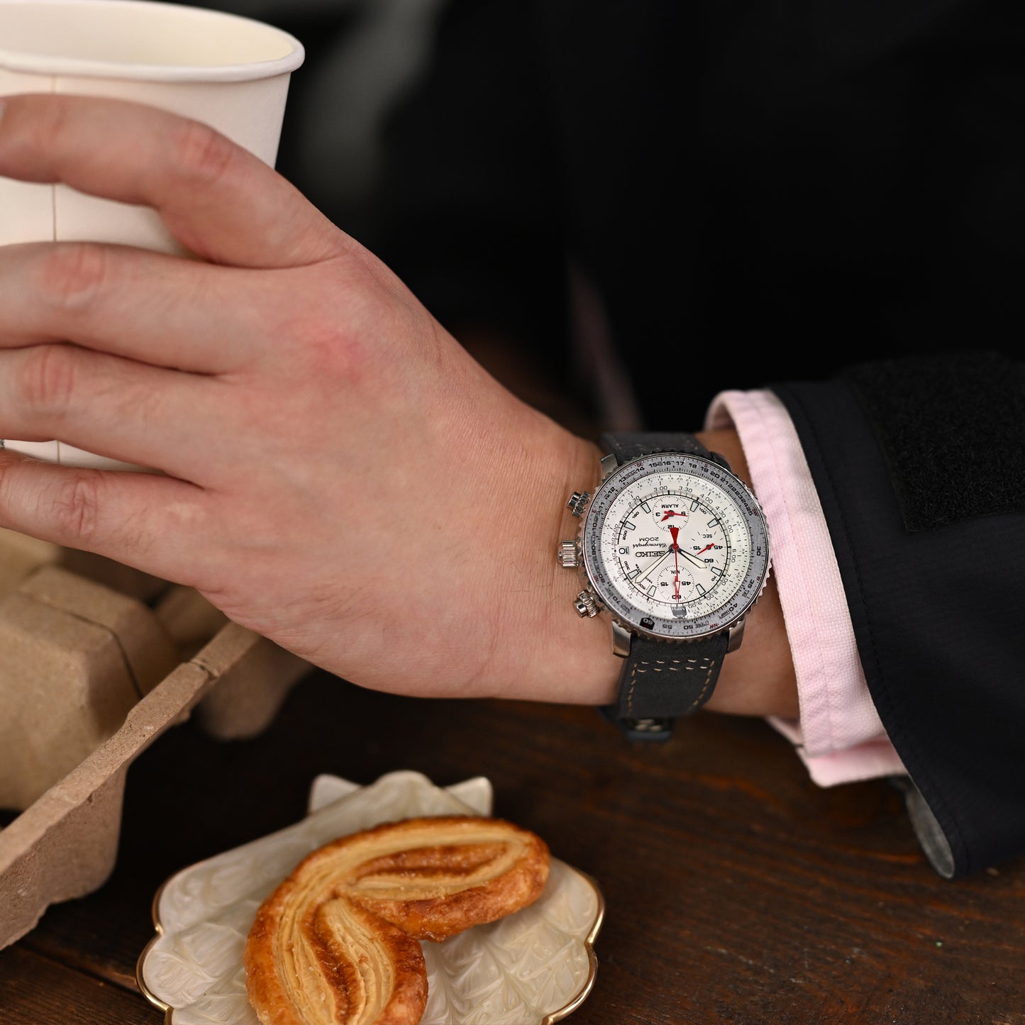 Charcoal Black Alcantara Fabric Quick Release Watch Band, Beige Stitch.
