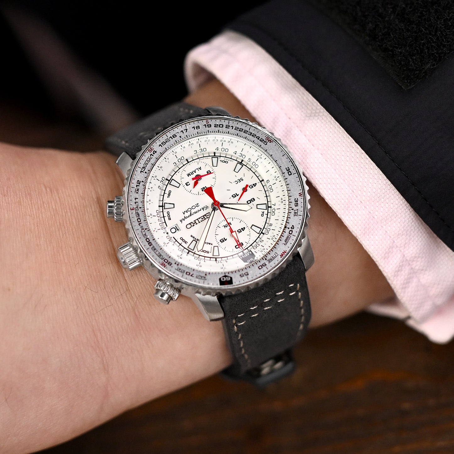 Charcoal Black Alcantara Fabric Quick Release Watch Band, Beige Stitch.