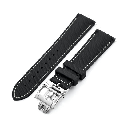 FKM39 Black Deployment FKM Rubber Watch Band Beige Stitch, 18mm to 23mm