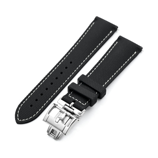 FKM39 Black Deployment FKM Rubber Watch Band Beige Stitch, 18mm to 23mm
