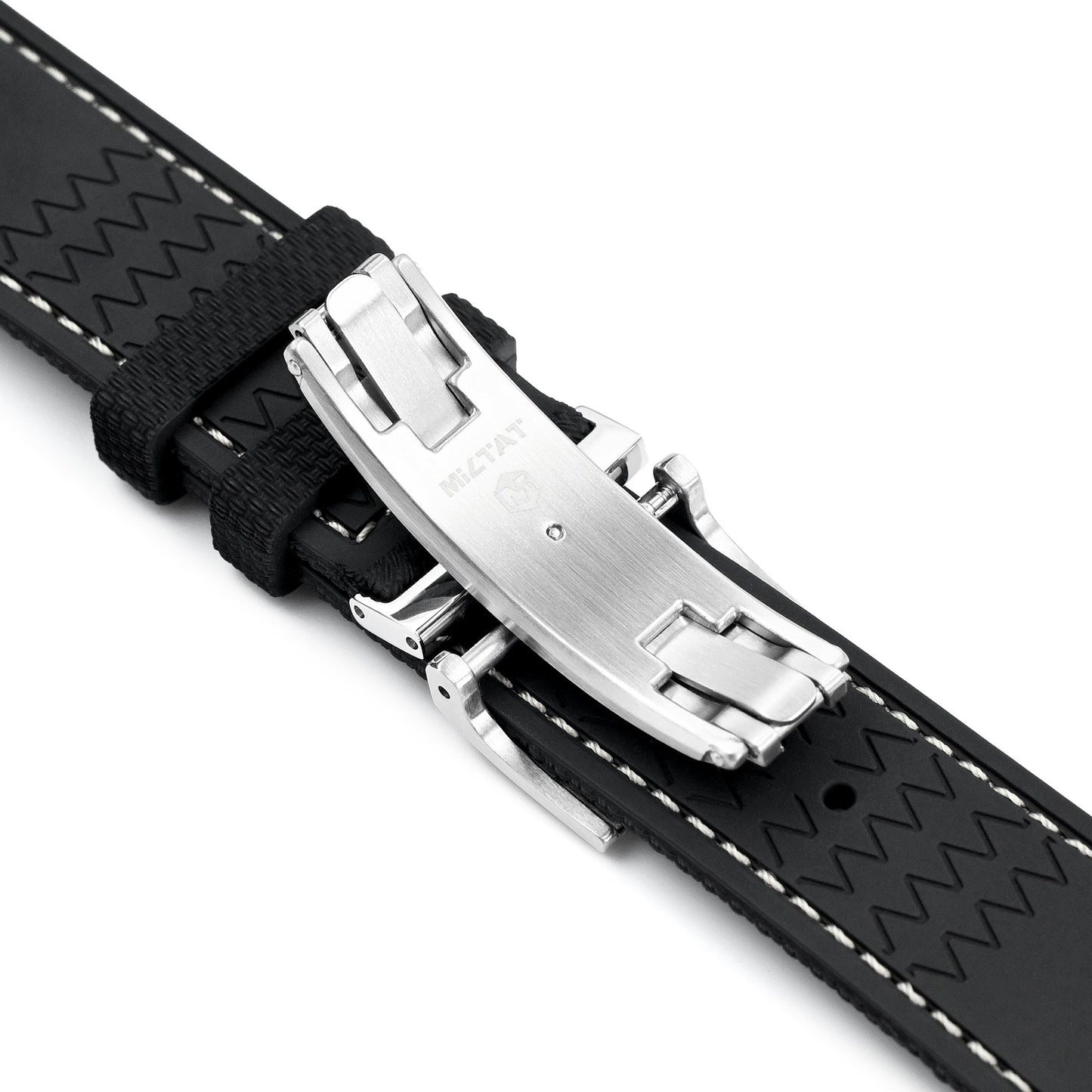 FKM39 Black Deployment FKM Rubber Watch Band Beige Stitch, 18mm to 23mm