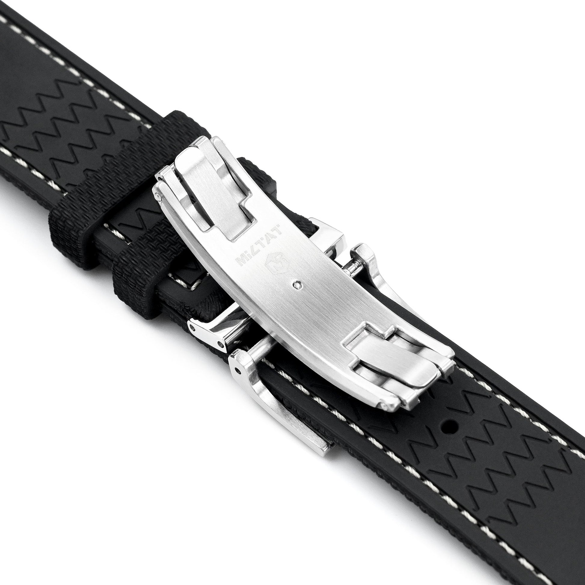 FKM39 Black Deployment FKM Rubber Watch Band Beige Stitch, 18mm to 23mm