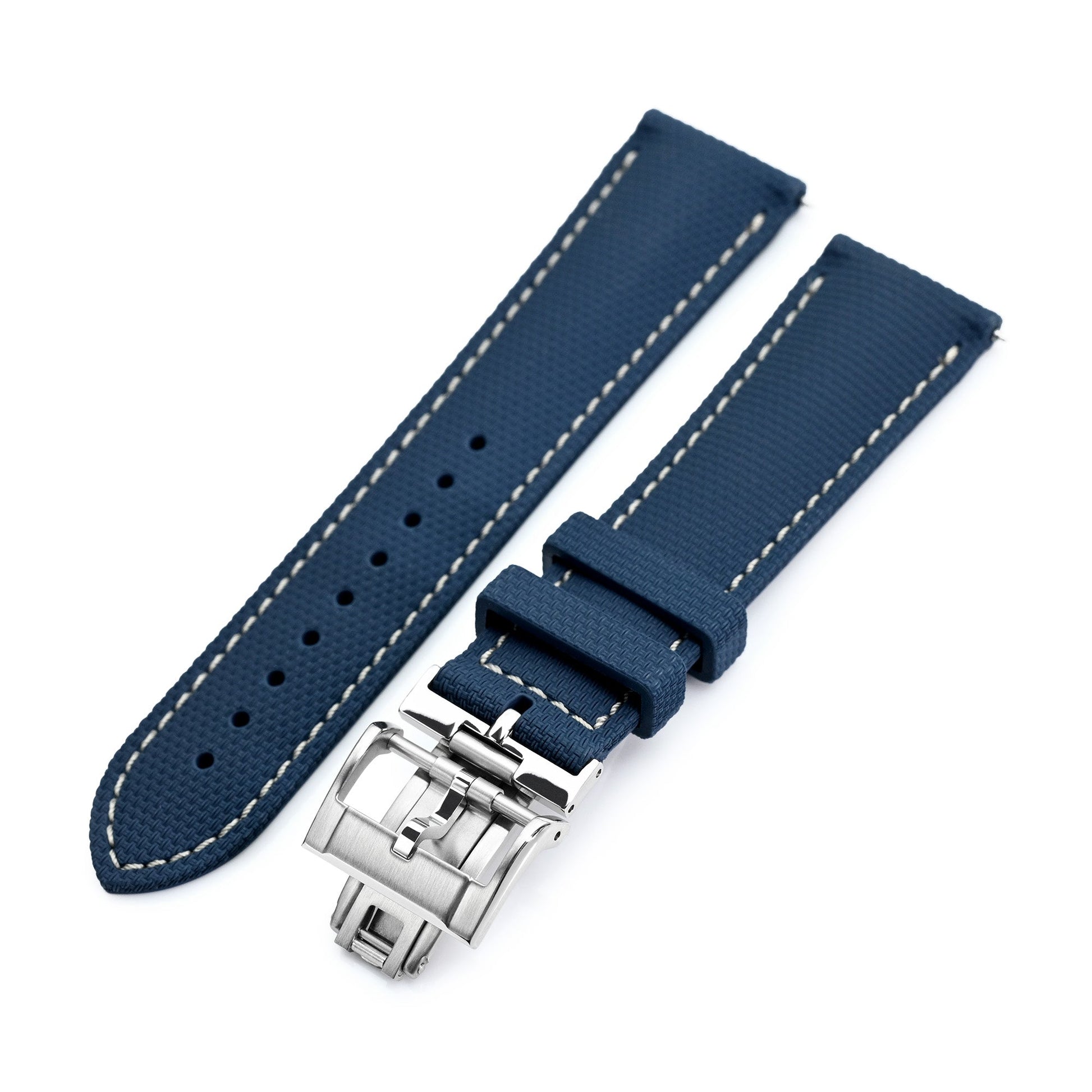 FKM39 Navy Blue Deployment FKM Rubber Watch Band Beige Stitch,