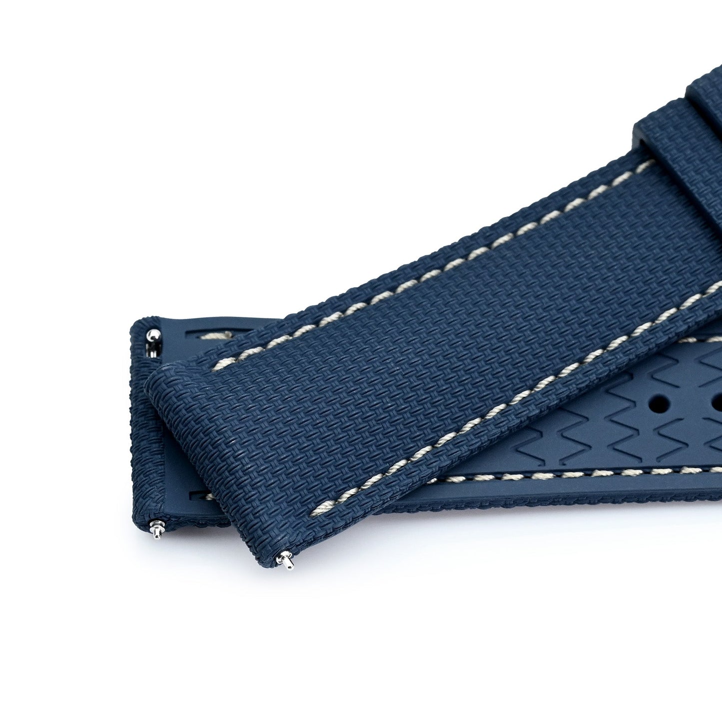 FKM39 Navy Blue Deployment FKM Rubber Watch Band Beige Stitch,