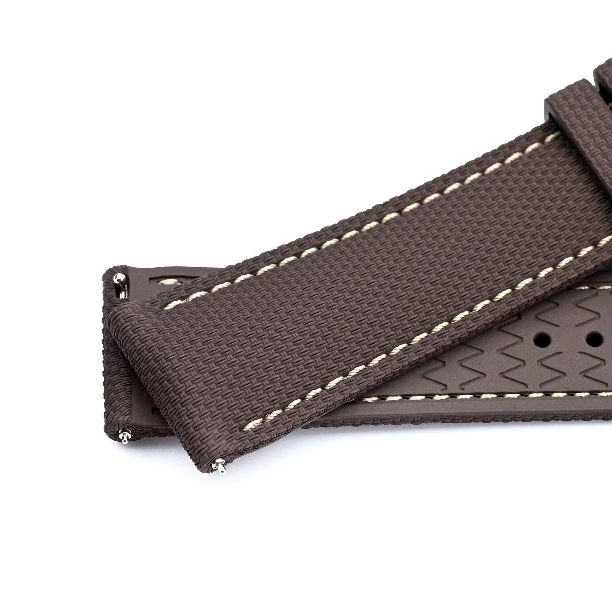 FKM39 Brown Deployment FKM Rubber Watch Band Beige Stitch, 20mm or 23mm