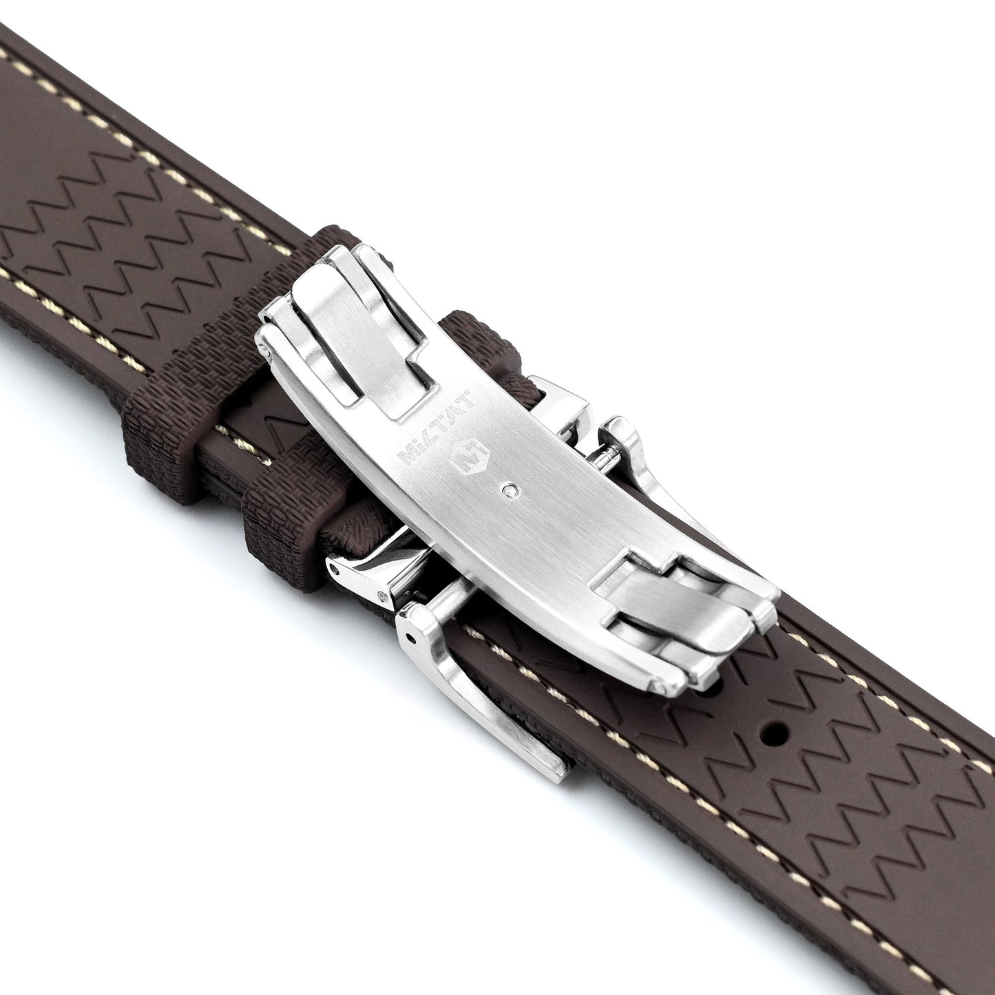 FKM39 Brown Deployment FKM Rubber Watch Band Beige Stitch, 20mm or 23mm