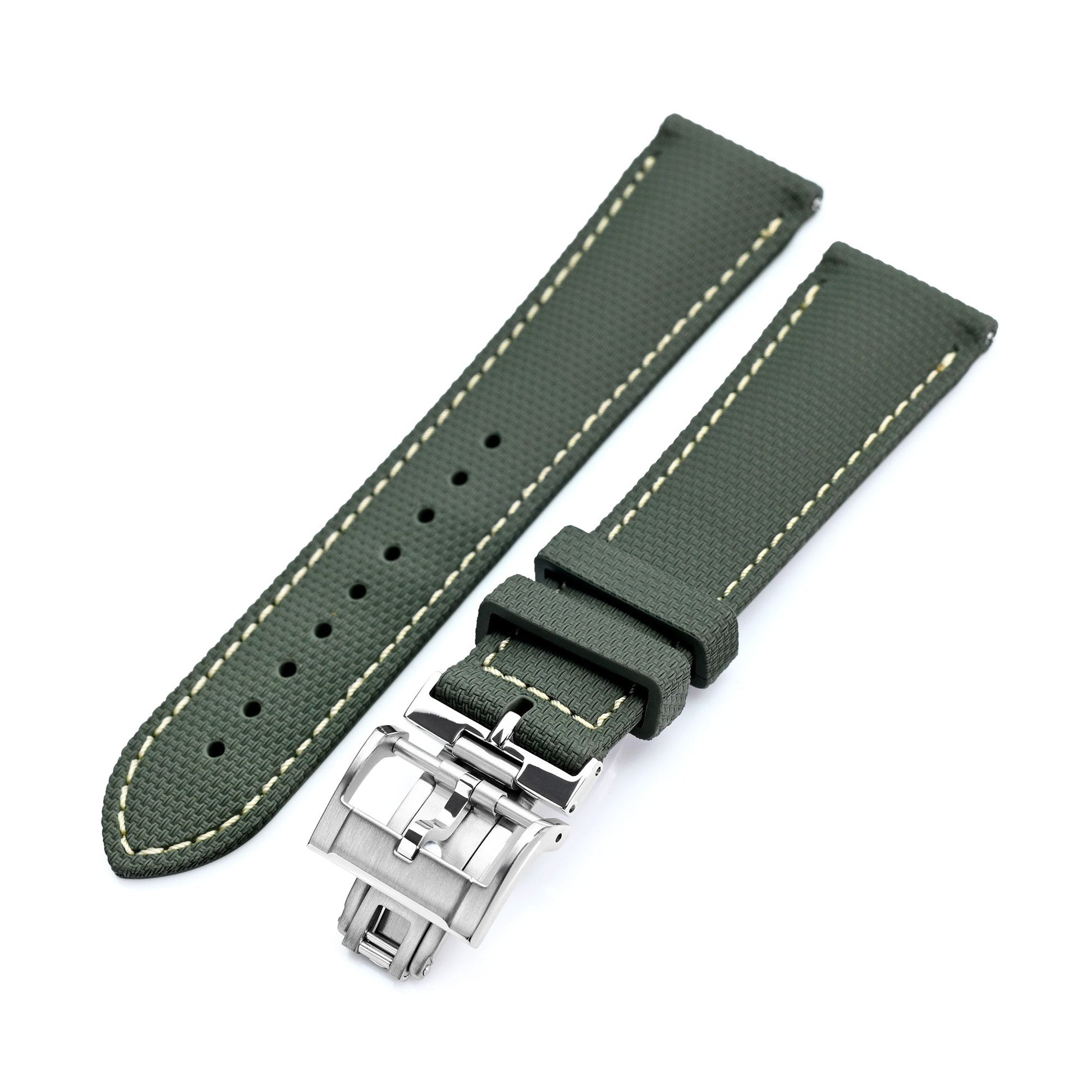 FKM39 Green Deployment FKM Rubber Watch Band Beige Stitch, 20mm or 23mm