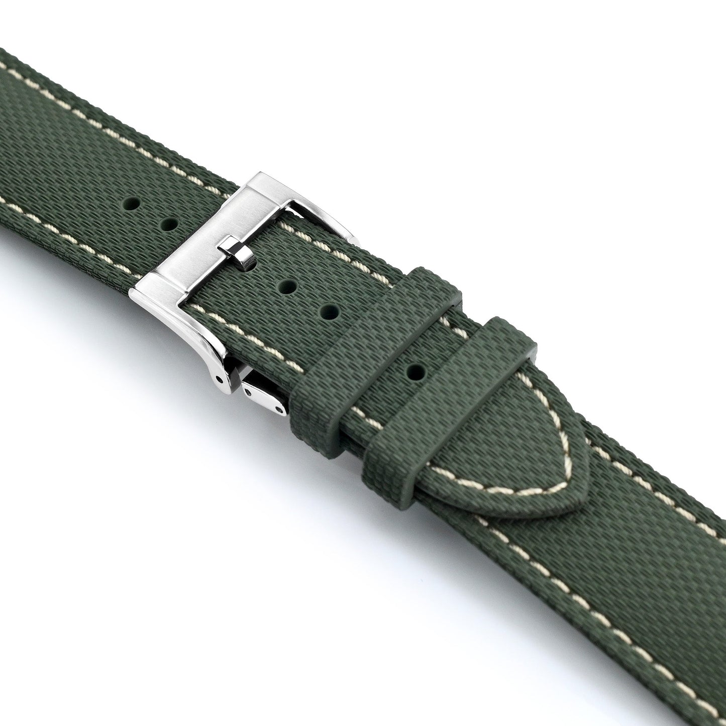 FKM39 Green Deployment FKM Rubber Watch Band Beige Stitch, 20mm or 23mm