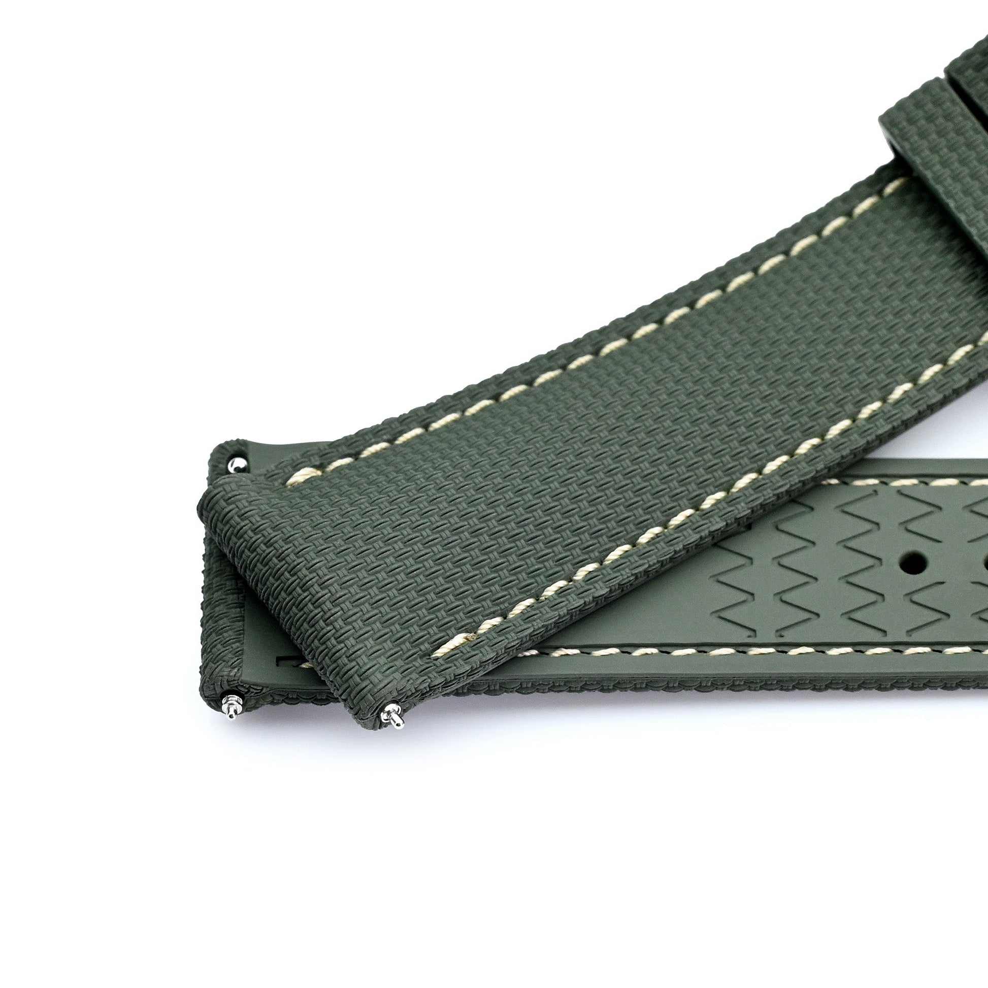 FKM39 Green Deployment FKM Rubber Watch Band Beige Stitch, 20mm or 23mm