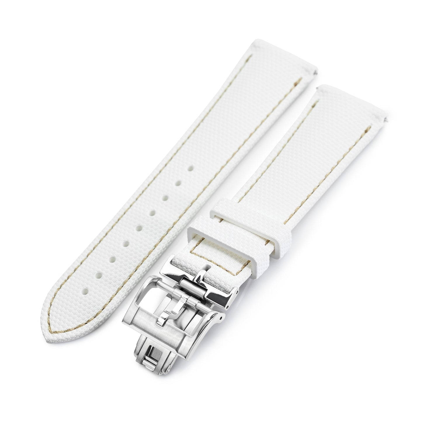 FKM39 White Deployment FKM Rubber Watch Band Beige Stitch, 18-23mm