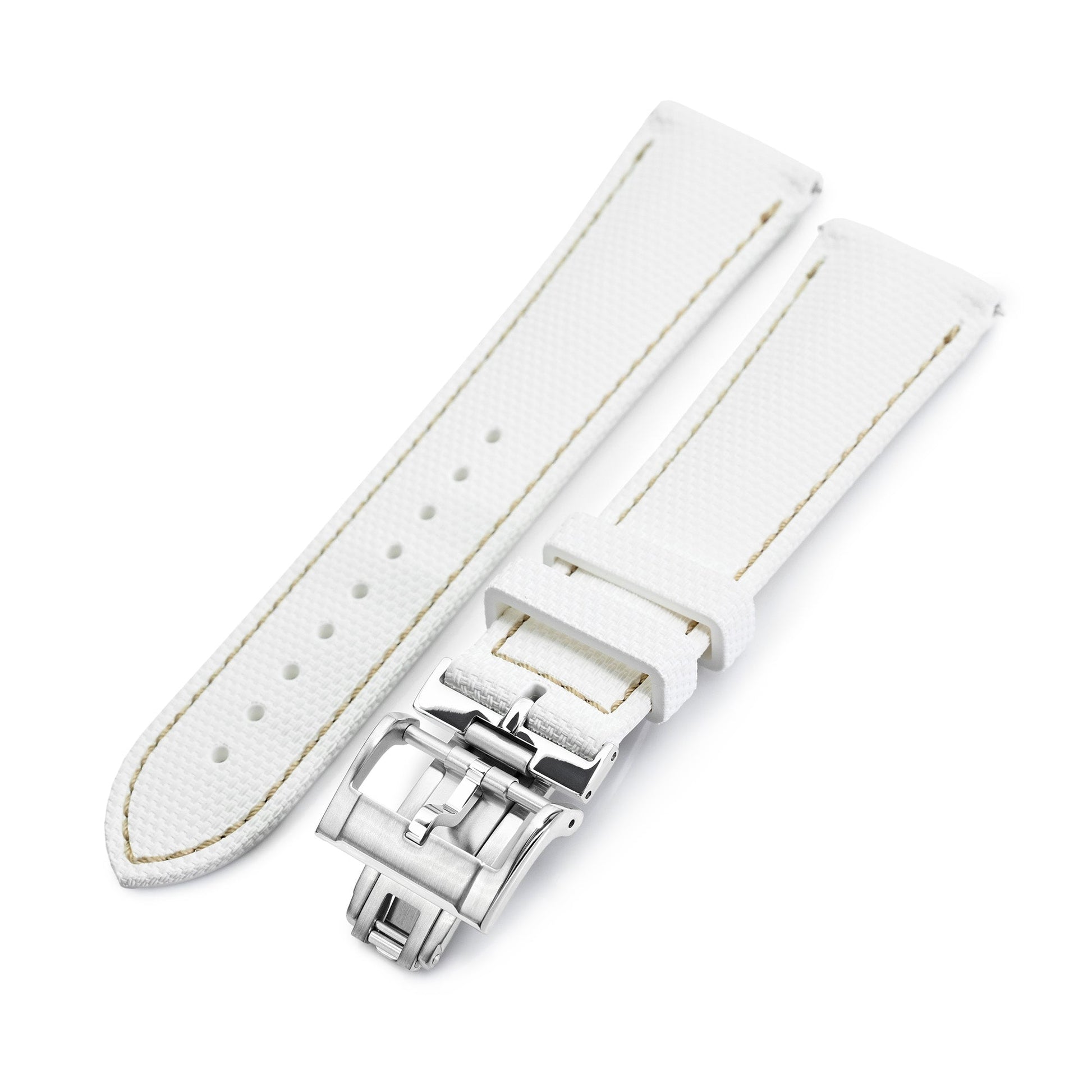 FKM39 White Deployment FKM Rubber Watch Band Beige Stitch, 18-23mm