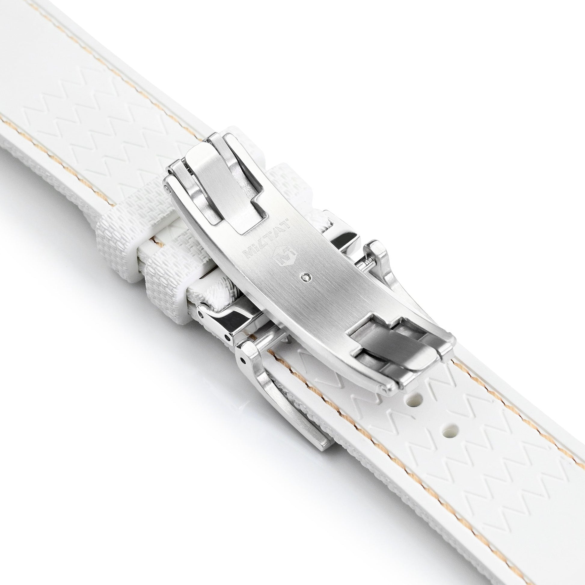 FKM39 White Deployment FKM Rubber Watch Band Beige Stitch, 18-23mm