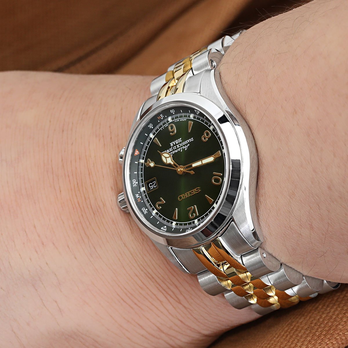 20mm Angus-J Louis 316L Stainless Steel Watch Bracelet for Seiko Alpinist SARB017, Two Tone IP Gold, SUB Clasp
