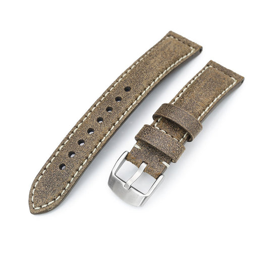 MiLTAT 20mm Genuine Olive Brown Distressed Leather Watch Strap Extra Soft, Beige Stitching