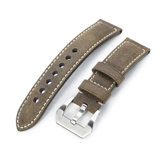 MiLTAT 21mm, 22mmmm Genuine Olive Brown Distressed Leather Watch Strap Extra Soft, Beige Stitching