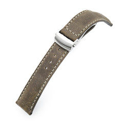 MiLTAT 20mm, 22mm Brown Distressed Leather Roller Deployant Watch Band, Beige Stitching