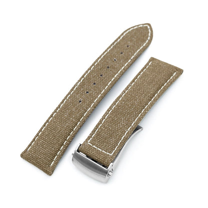 20mm or 22mm Khaki Canvas Watch Band Brushed Roller Deployant Buckle, Beige Stitching