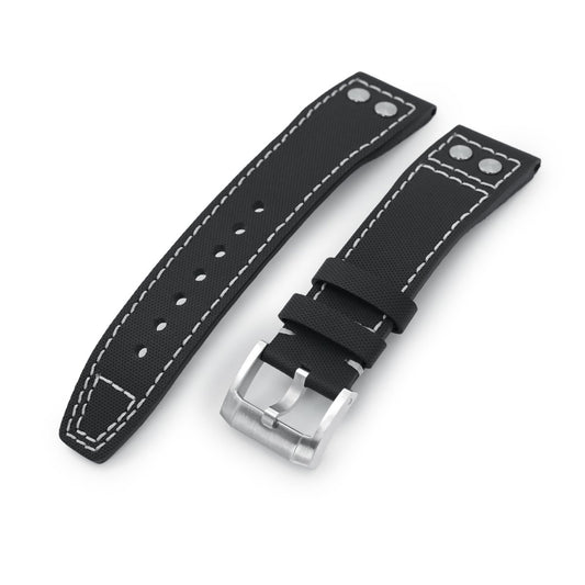 20mm to 23mm Pilot Black Kevlar Finish Rivet Lug Watch Strap, Beige Stitching, Brushed