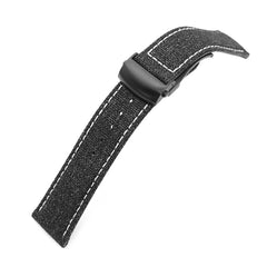 20mm or 22mm Black Canvas Watch Band PVD Black Roller Deployant Buckle, Beige Stitching