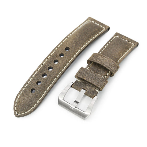 24mm MiLTAT Brown Distressed Leather, Beige Stitching