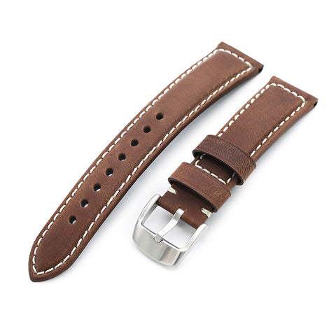 20mm MiLTAT Mud Brown Nubuck Leather, Beige Stitching