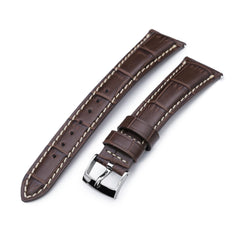 Q.R. 19mm or 21mm Dark Brown CrocoCalf (Croco Grain) Semi-Curved Watch Band, Beige Stitch.