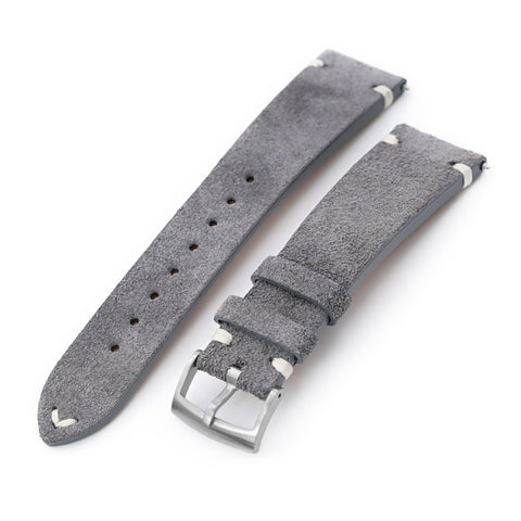 MiLTAT Q.R. Grey Suede Suede Leather Watch Band, Beige Stitch.