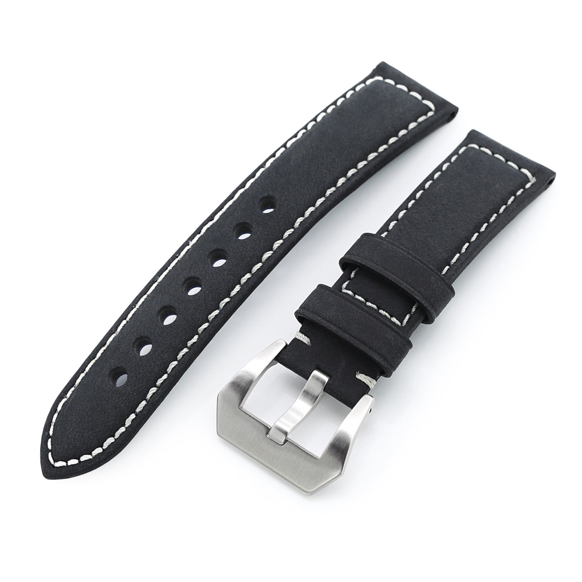 MiLTAT 22mm Matte Black Nubuck Leather Watch Strap, Beige Stitching