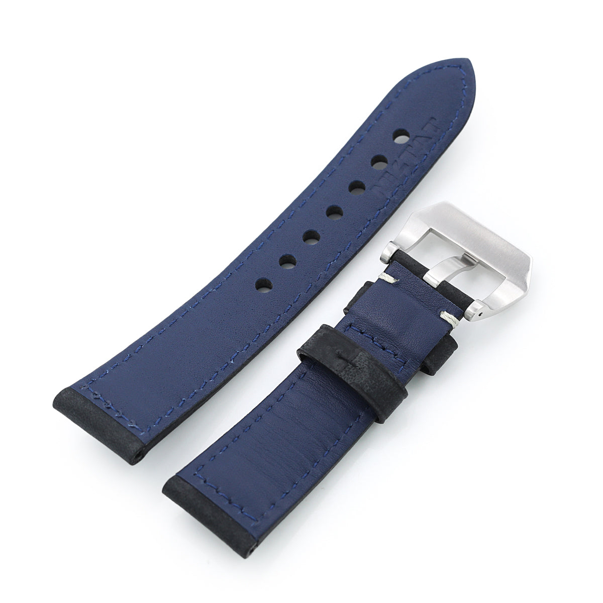 MiLTAT 22mm Matte Black Nubuck Leather Watch Strap, Beige Stitching