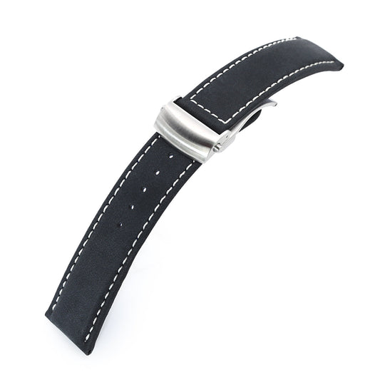 MiLTAT 22mm Matte Black Nubuck Leather Deployment Watch Strap, Beige Stitching