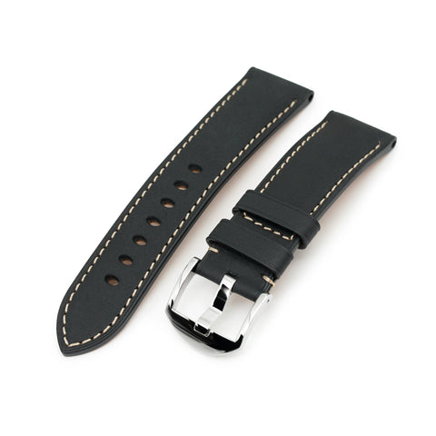 Pam Collection, Matte Black Italian Leather Watch Strap for Panerai, Beige Stitch.