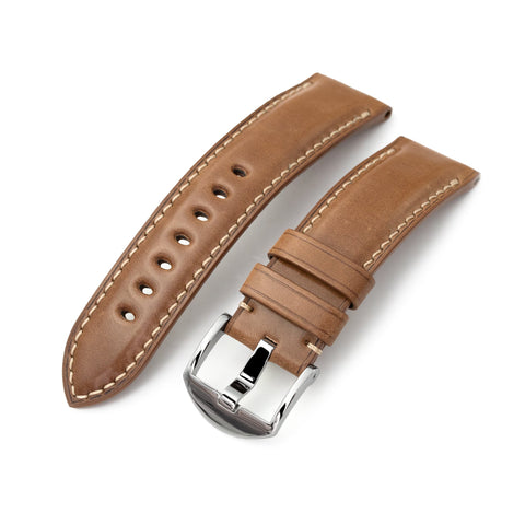 Pam Collection, Bourbon Horween Genuine Shell Cordovan Leather Watch Strap for Panerai, Beige Stitch.