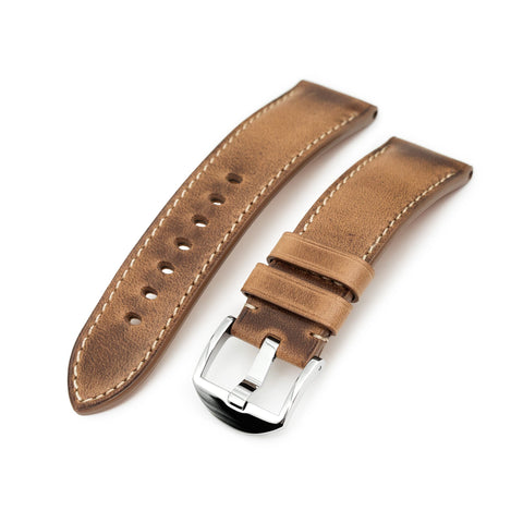 Pam Collection, Vintage Brown Horween Chromexcel Leather Watch Strap for Panerai, Beige Stitch.