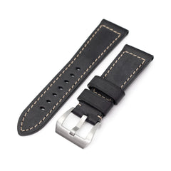 Pam Collection, Black French Crafted Barenia Leather Watch Strap for Panerai, Beige Stitching